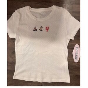 OG Babe White Pointelle Nautical Embroidered Tee Sailboat Anchor Lobster